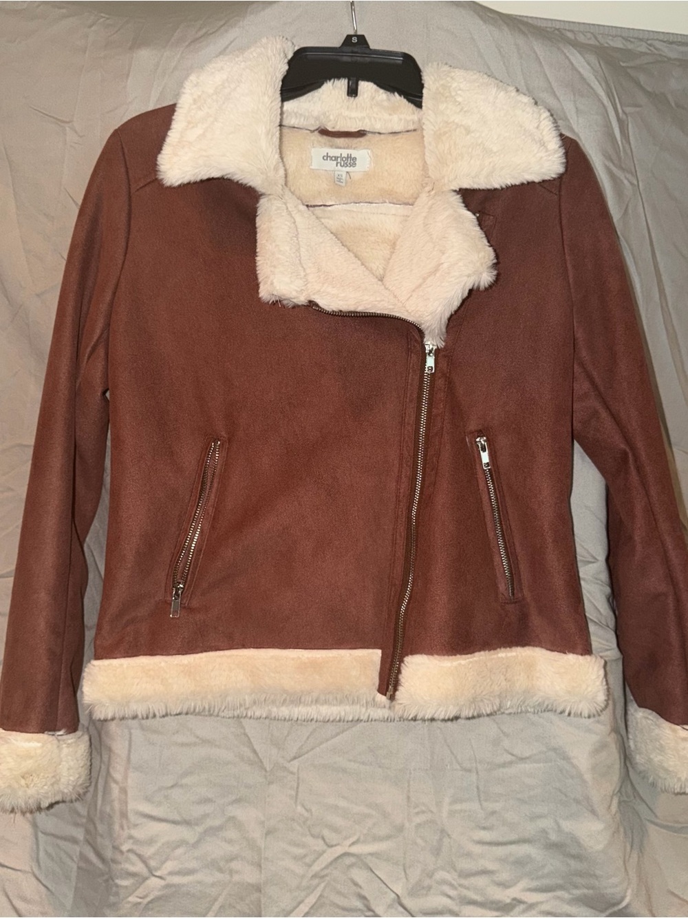 Charlotte Russe Brown Faux Suede Shearling Moto Jacket XS